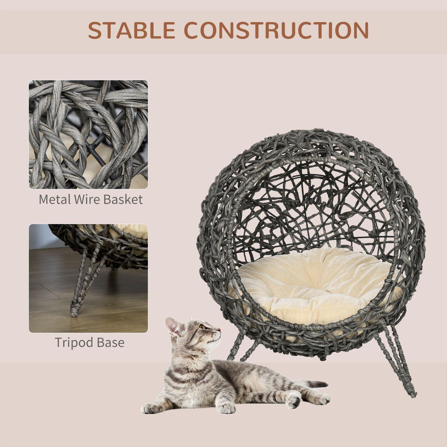 PawHut Silver-Tone and Grey Rattan Elevated Cat Bed - Removable Cushion - ALL4U RETAILER LTD