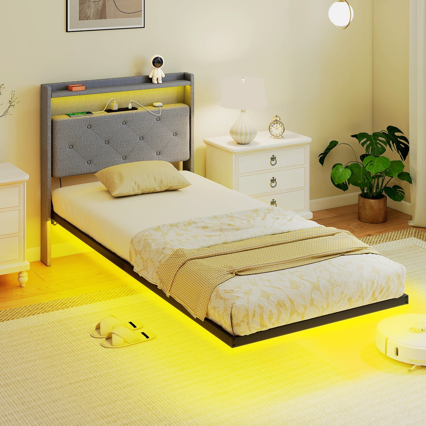 HOMCOM Floating Bed Frame 3ft Single Size Platform Bed With RGB LED Lights And Charging Station Grey