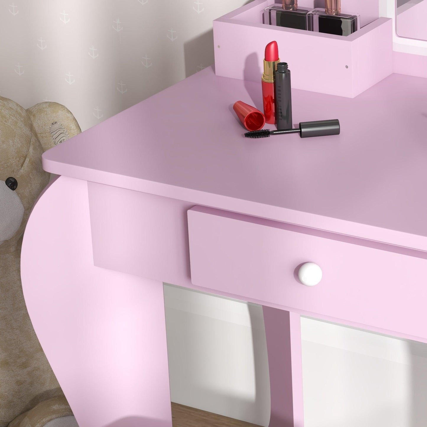 ZONEKIZ Kids Vanity Table with Mirror and Stool, Cloud Design, Drawer, Storage Boxes, for 3-6 Years Old - Pink - ALL4U RETAILER LTD