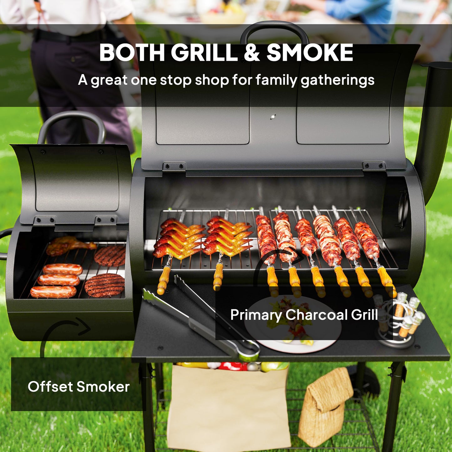 Outsunny Portable Charcoal Barbecue Grill With Offset Smoker 109 By 60 By 120 Cm Black Outdoor