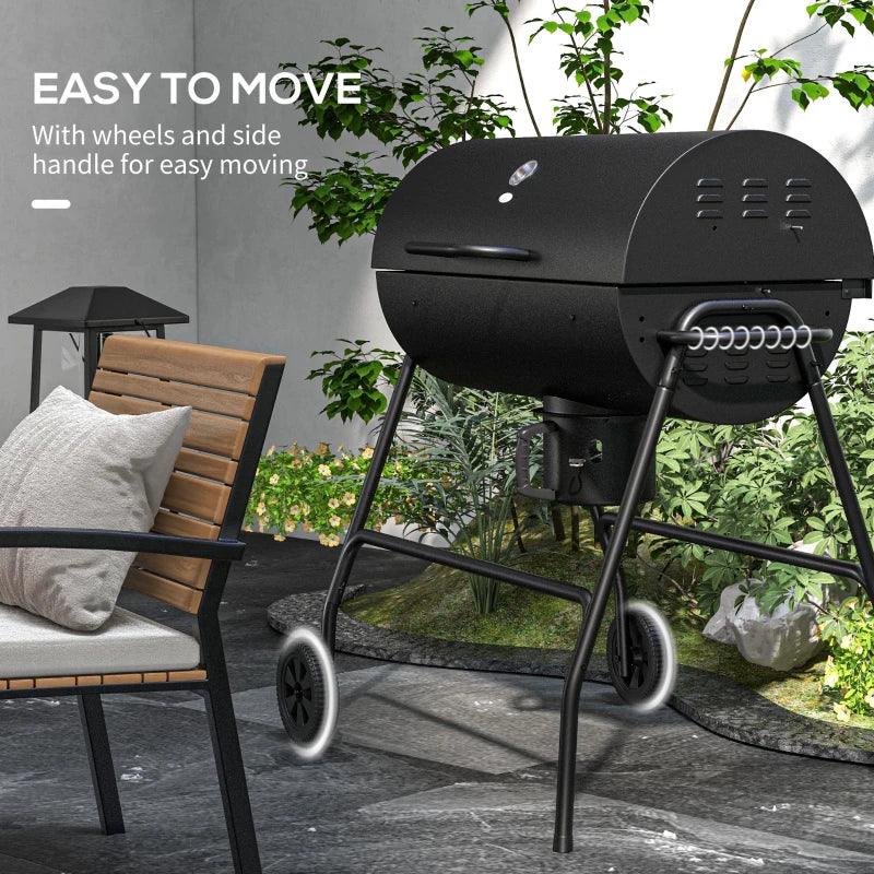 Outsunny Wheeled Barrel Charcoal Barbecue Grill Trolley - Outdoor BBQ with Rolling Wheels, Portable Design - Black - ALL4U RETAILER LTD