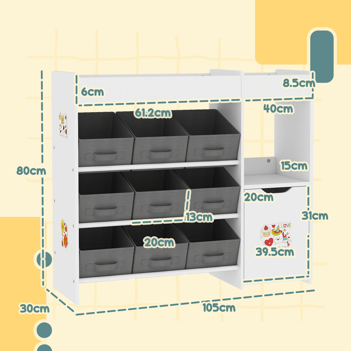 White kids toy storage organizer with labeled interior compartments and size outline
