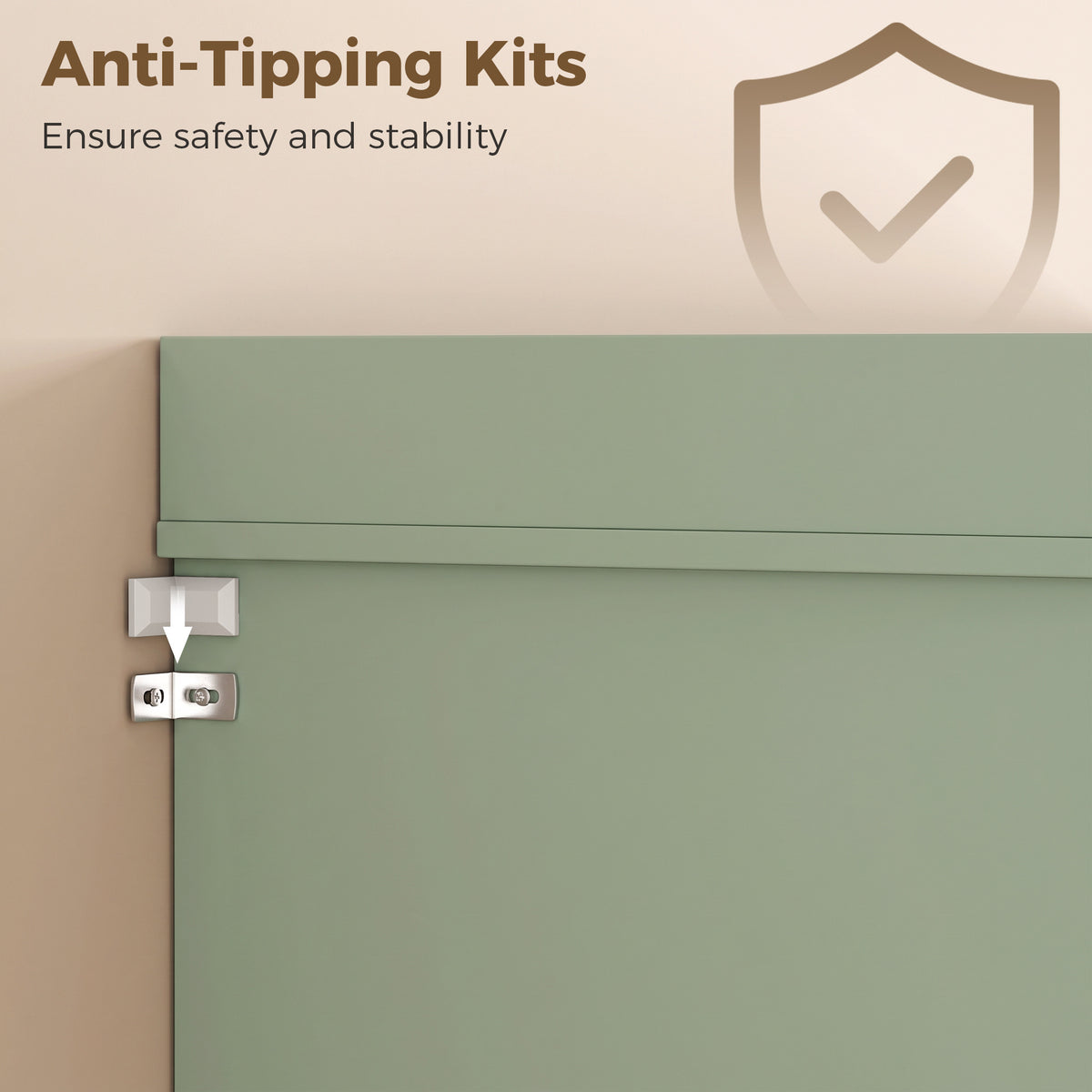 Sage green cabinet with anti-tip wall mounting bracket for stability
