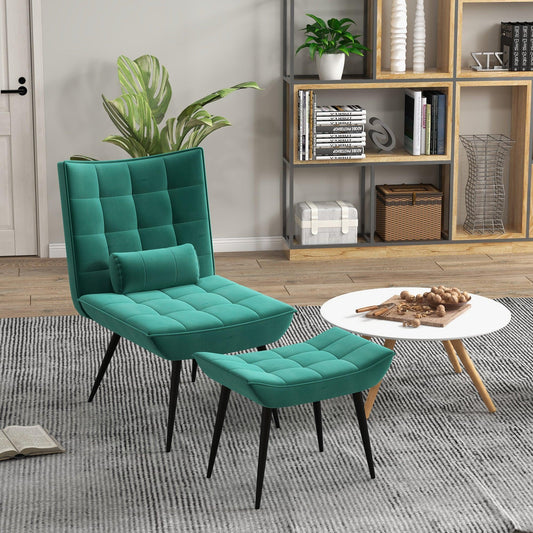 HOMCOM Armless Accent Chair with Footstool Set with Pillow and Steel Legs Green - ALL4U RETAILER LTD