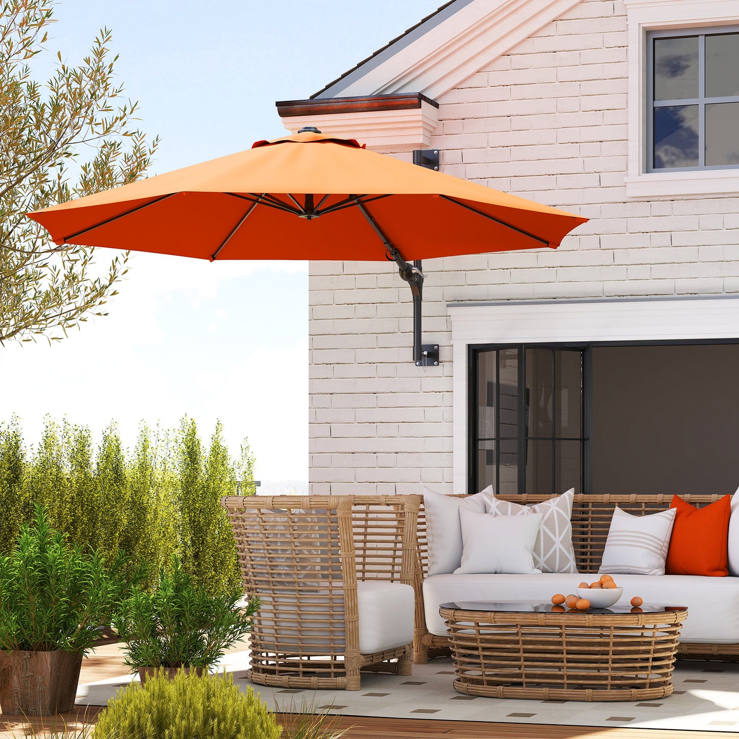 Outsunny 3M Wall Mounted Parasol Shade With Handle Orange Outdoor Garden Patio Canopy