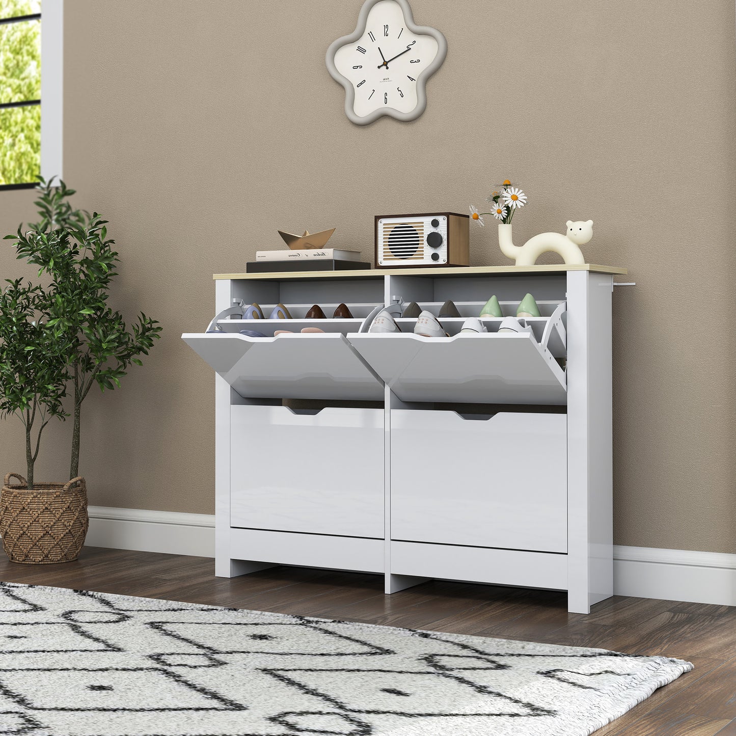 Homcom Slim White Shoe Cabinet Narrow Cupboard With 4 Flip Drawers And Adjustable Shelves For 16 Pairs Of Shoes