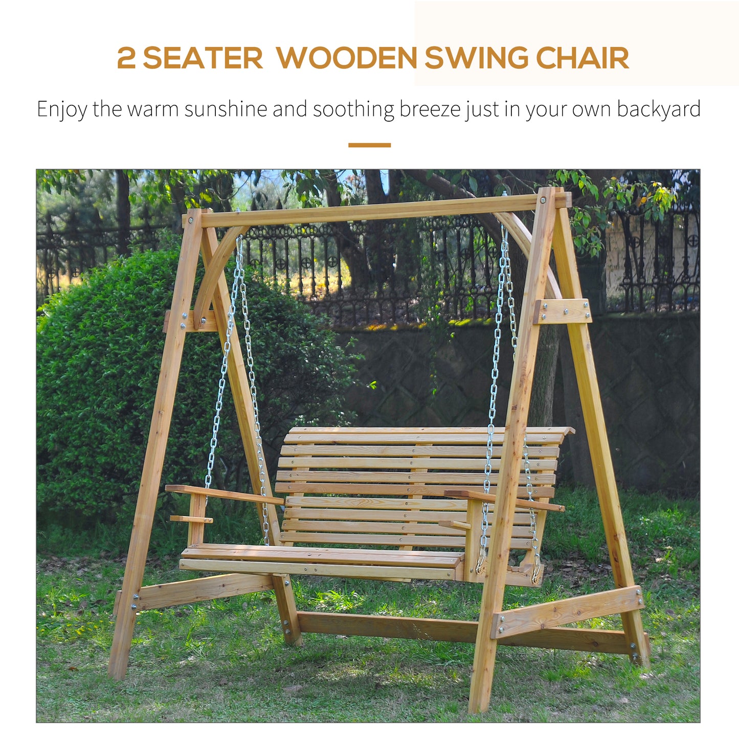 Outsunny 2 Seater Garden Swing Seat Wooden Swing Chair Bench With Cup Holders For Outdoor Porch Patio Natural Finish