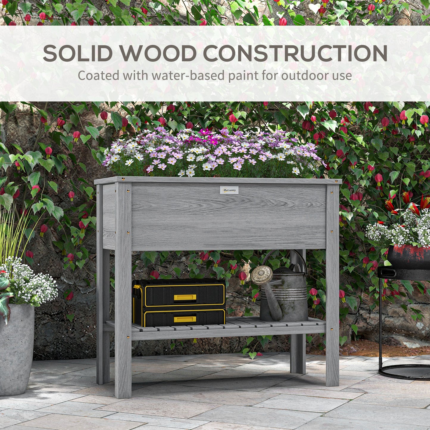 Outsunny Wooden Raised Garden Bed With Storage Shelf And Drainage Holes Elevated Planter Box On Legs Grey