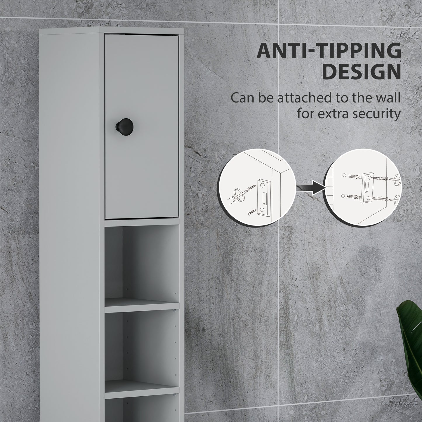 Kleankin 180cm Slim Bathroom Cabinet With Drawer Shelves And Cupboards Grey For Small Bathrooms