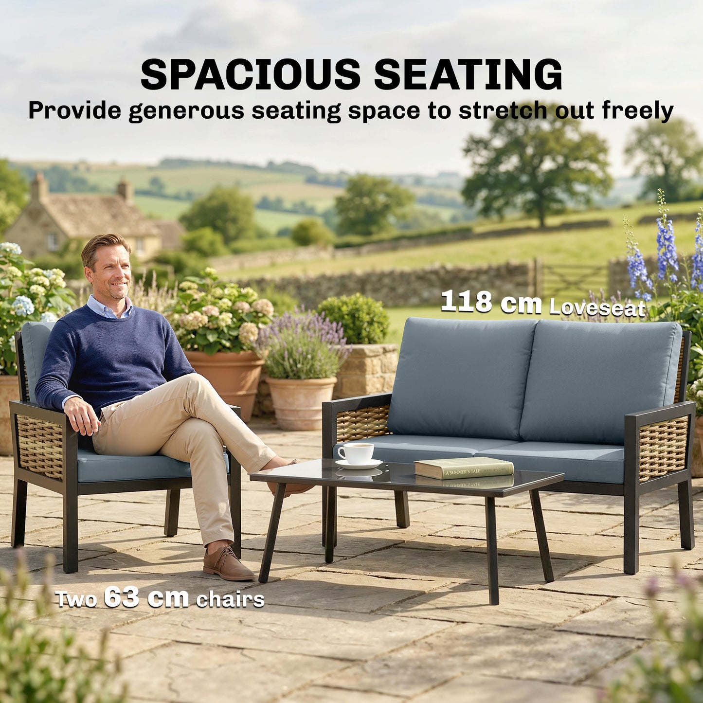 Outsunny 4 Seater Rattan Garden Furniture Set With Two Armchairs Loveseat And Coffee Table Grey Cushions