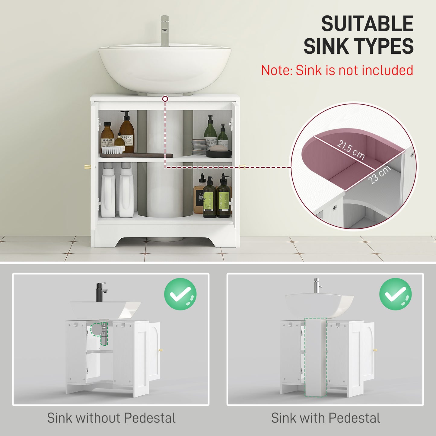 HOMCOM Under Sink Bathroom Cabinet White With Double Doors Fits Most Basins Three Level Adjustable Shelf Behind Doors