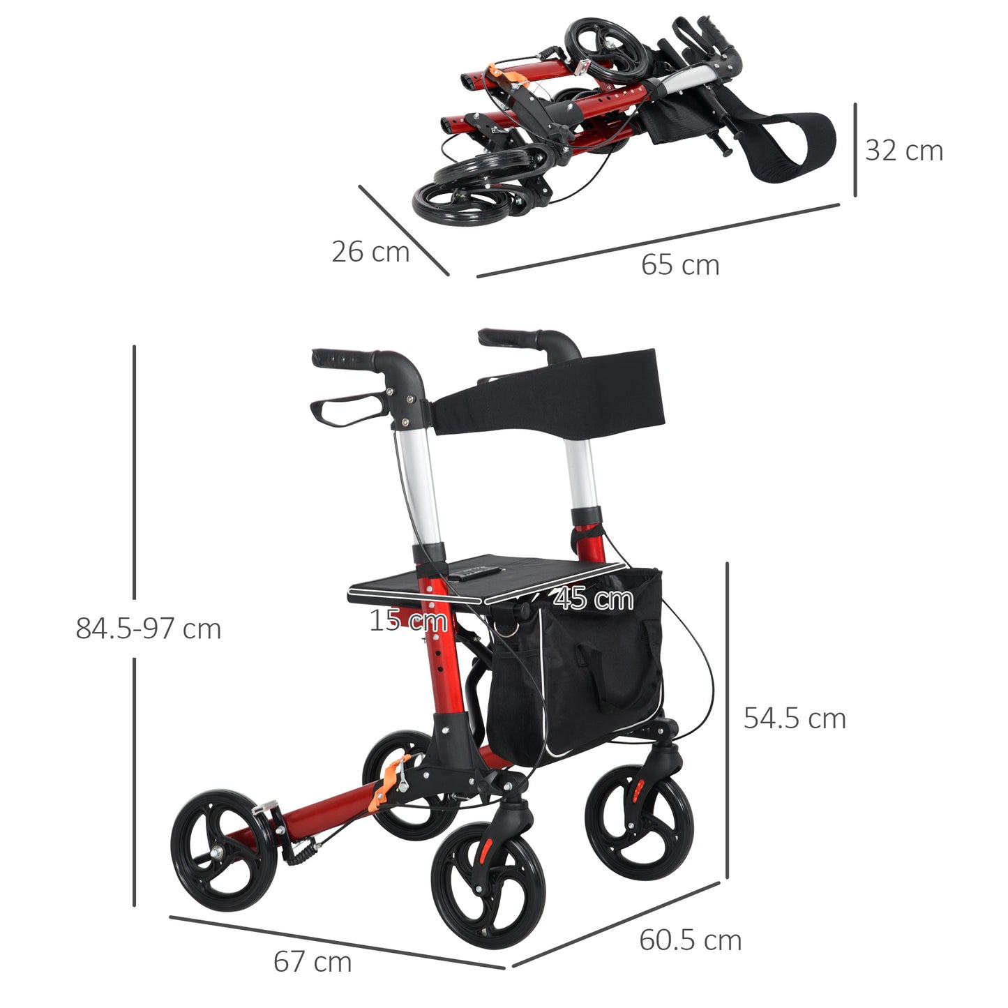 HOMCOM Lightweight 4-Wheel Rollator Walker with Seat & Backrest, Adjustable Height, Red - ALL4U RETAILER LTD