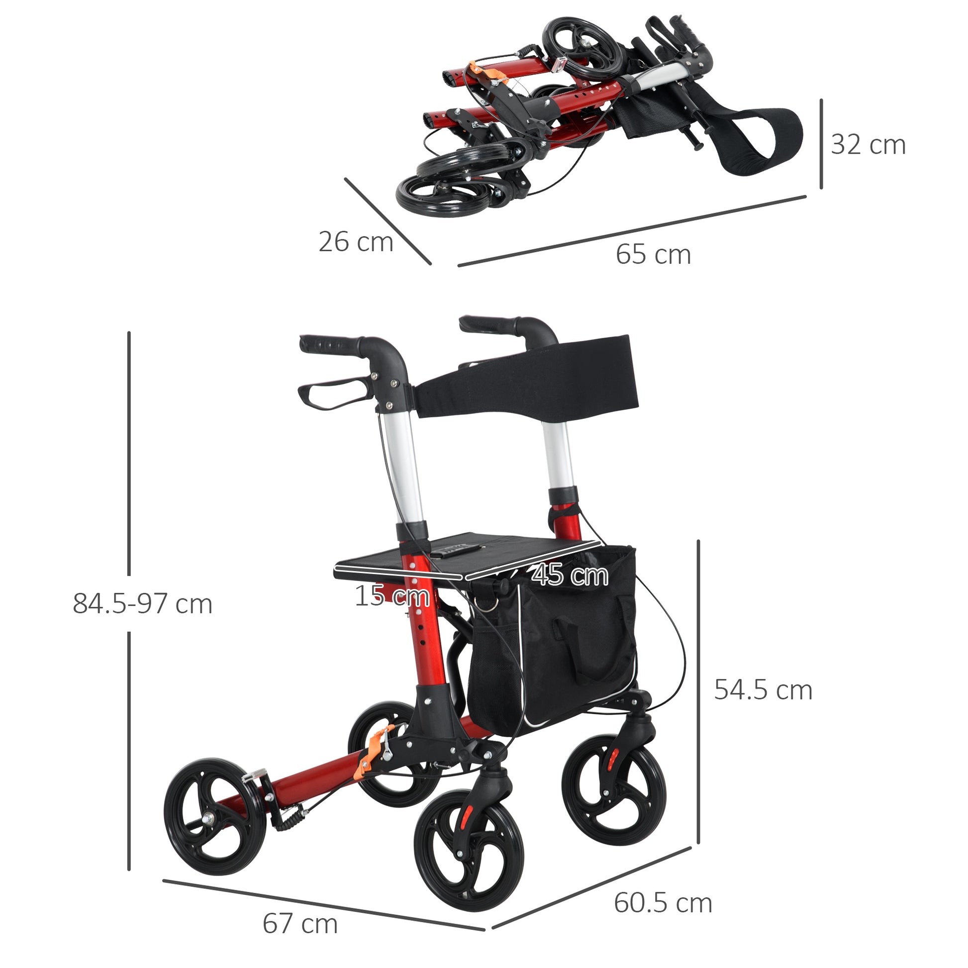 HOMCOM Lightweight 4-Wheel Rollator Walker with Seat & Backrest, Adjustable Height, Red - ALL4U RETAILER LTD