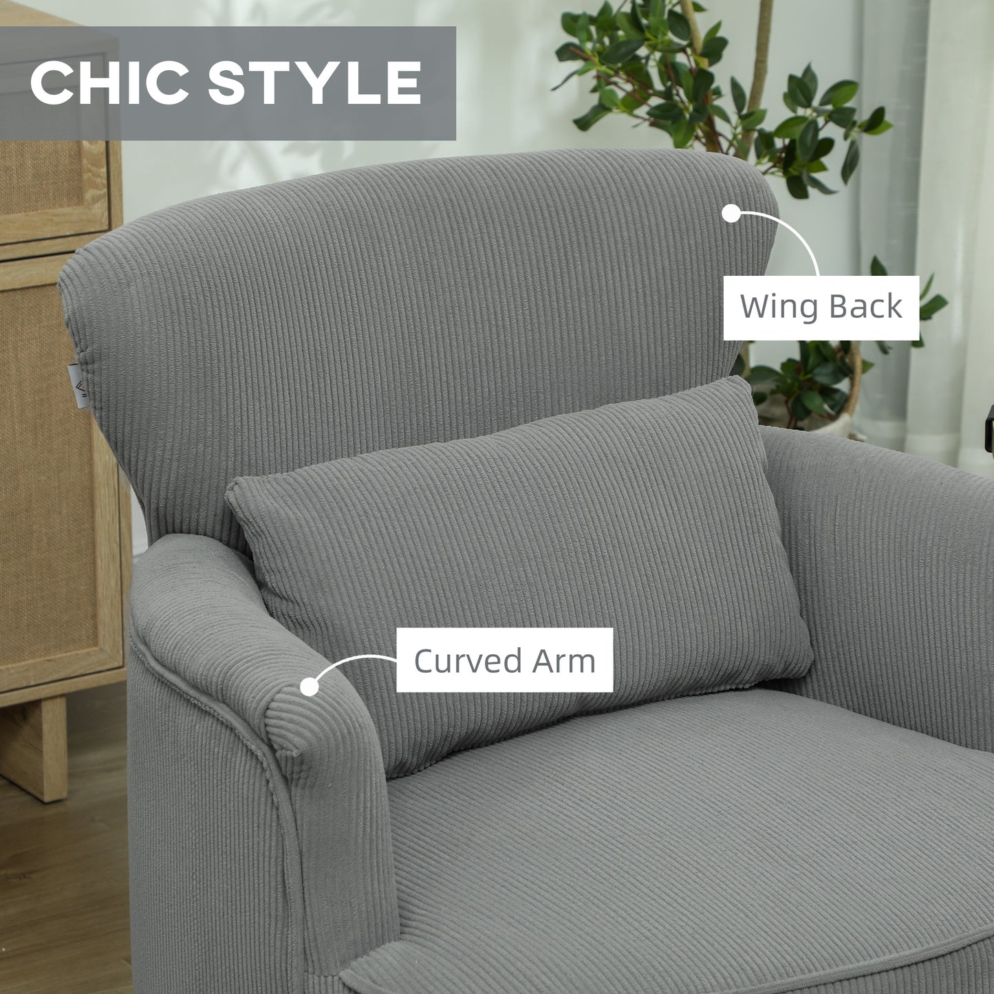 HOMCOM Corduroy Retro Wingback Accent Chair For Small Spaces Light Grey With Soft High Density Foam Padding