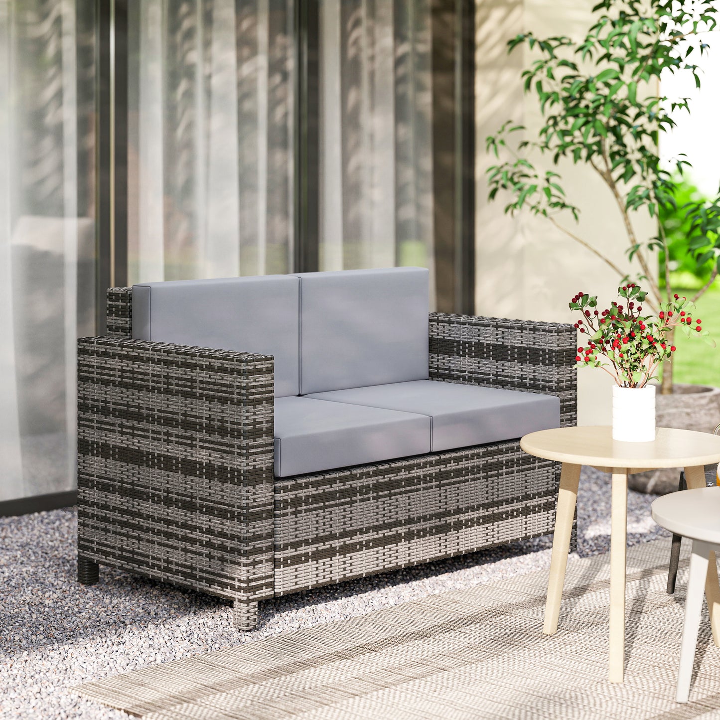 Outsunny Rattan Loveseat 2 Seater Garden Furniture With Cushions And Armrests Water Resistant Wicker Patio Grey Mix