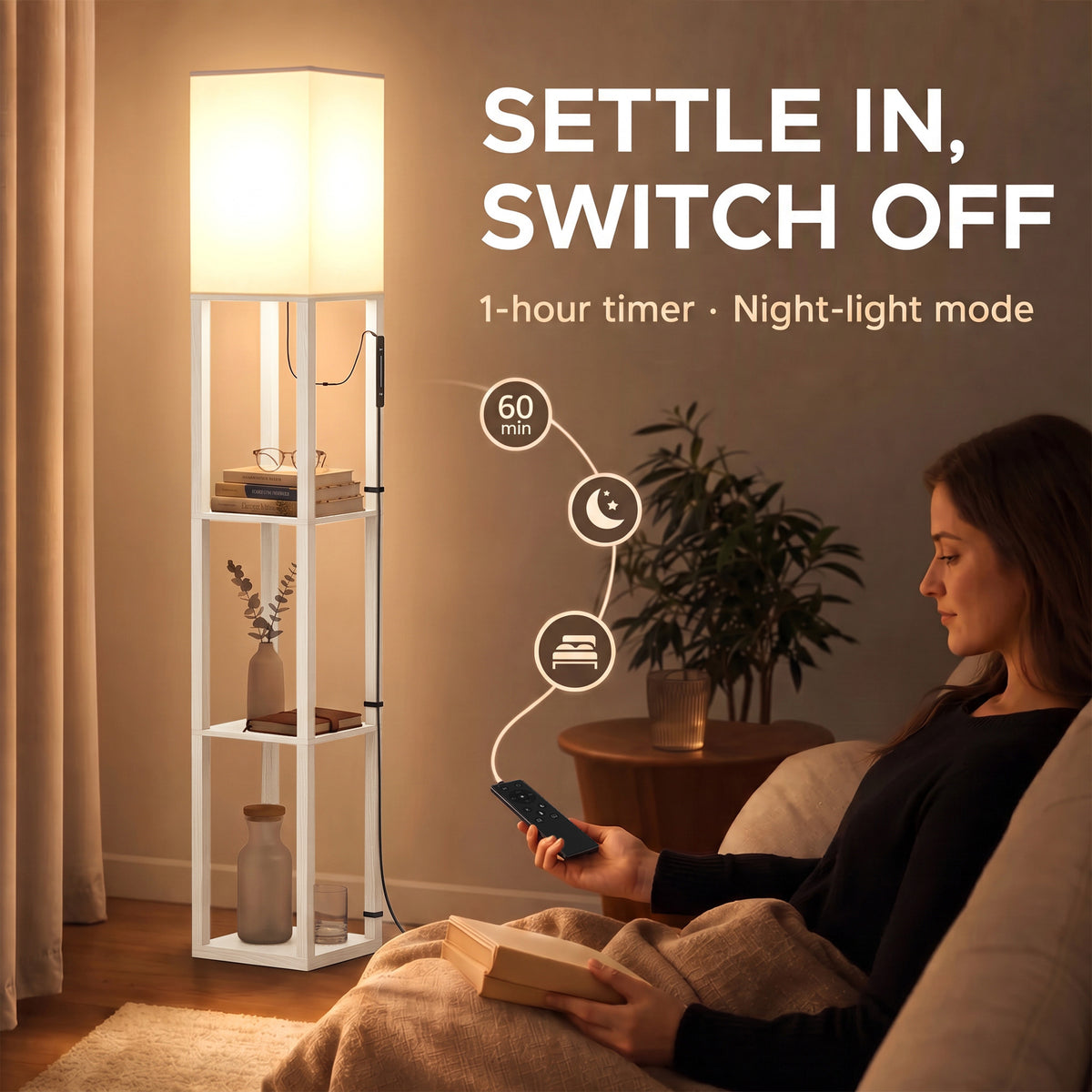White floor lamp with three open shelves with warm light, remote control near sofa