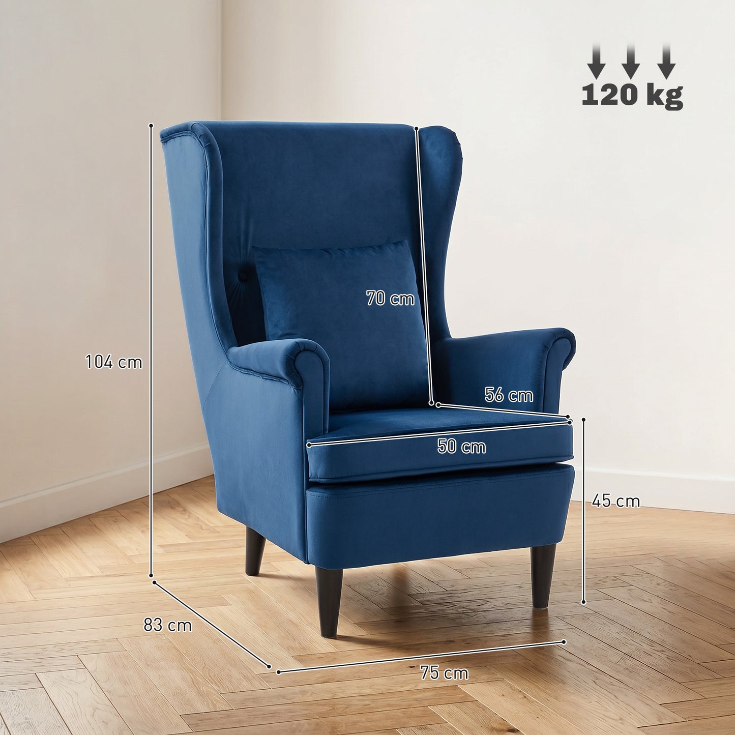 HOMCOM Velvet Wingback Reading Chair with High Backrest and Removable Pillow Cover Blue