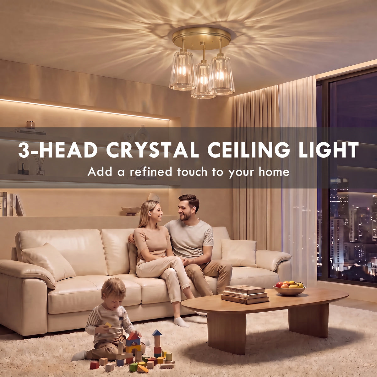 HOMCOM 3 Light Crystal Glass Ceiling Light Gold Triple Head Dual Mount