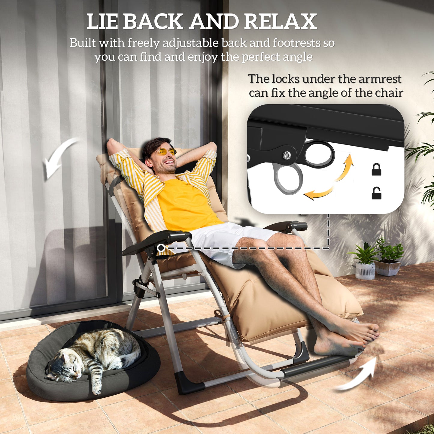 Outsunny 2 Piece Reclining Zero Gravity Sun Loungers With Cushions For Outdoor Patio Khaki