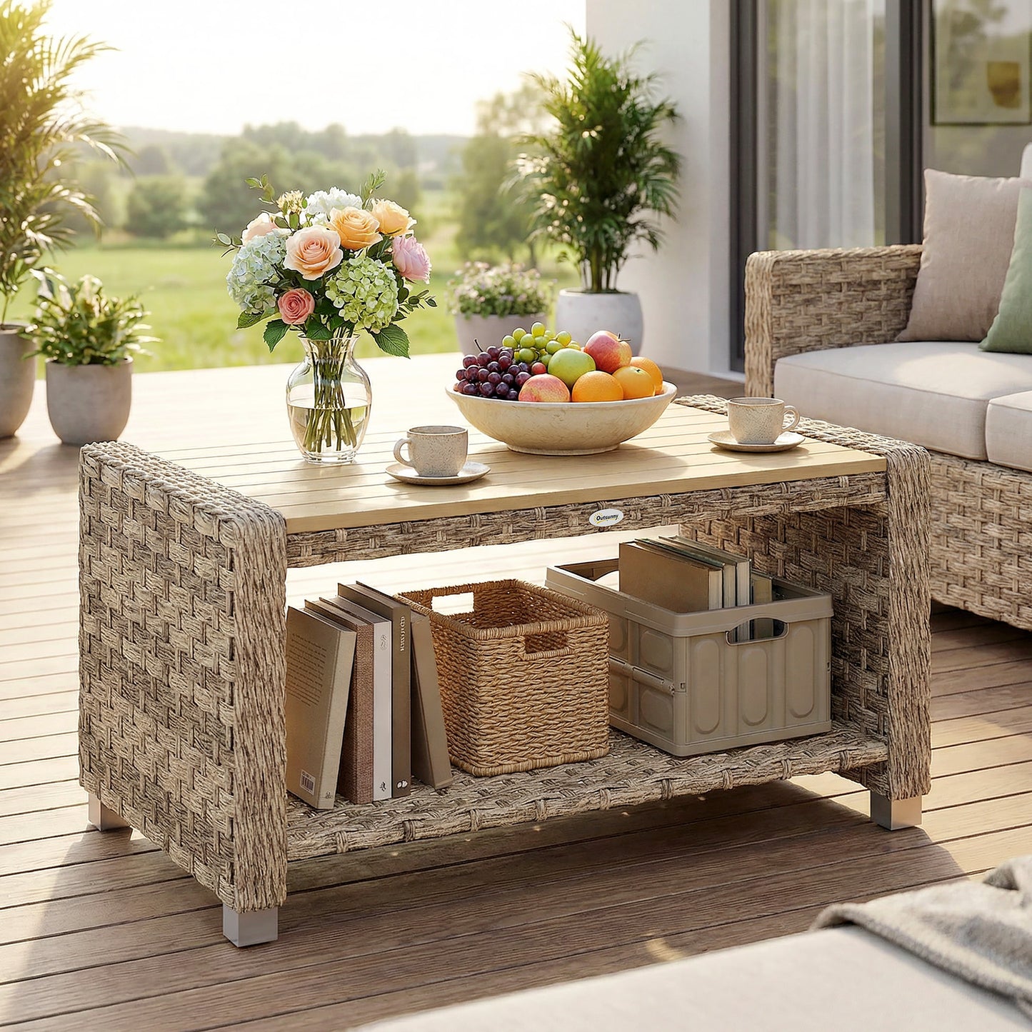 Outsunny Outdoor Coffee Table With Two Tier Storage Shelf In PE Rattan Light Brown Slatted Top And Foot Pads