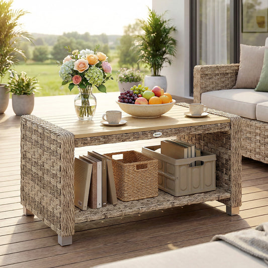 Outsunny Outdoor Coffee Table With Two Tier Storage Shelf In PE Rattan Light Brown Slatted Top And Foot Pads