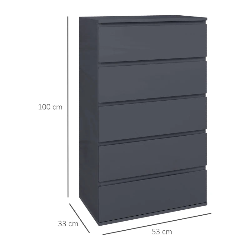 HOMCOM Modern High Gloss 5-Drawer Chest of Drawers: Stylish Storage Cabinet and Dresser Unit for Bedroom Organization - ALL4U RETAILER LTD