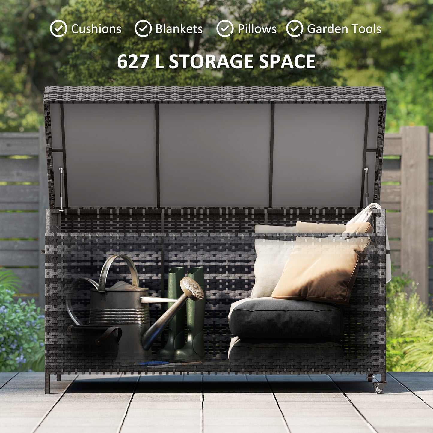 Outsunny 627 L Rattan Storage Box With Gas Strut Lift For Garden Outdoor Dark Grey