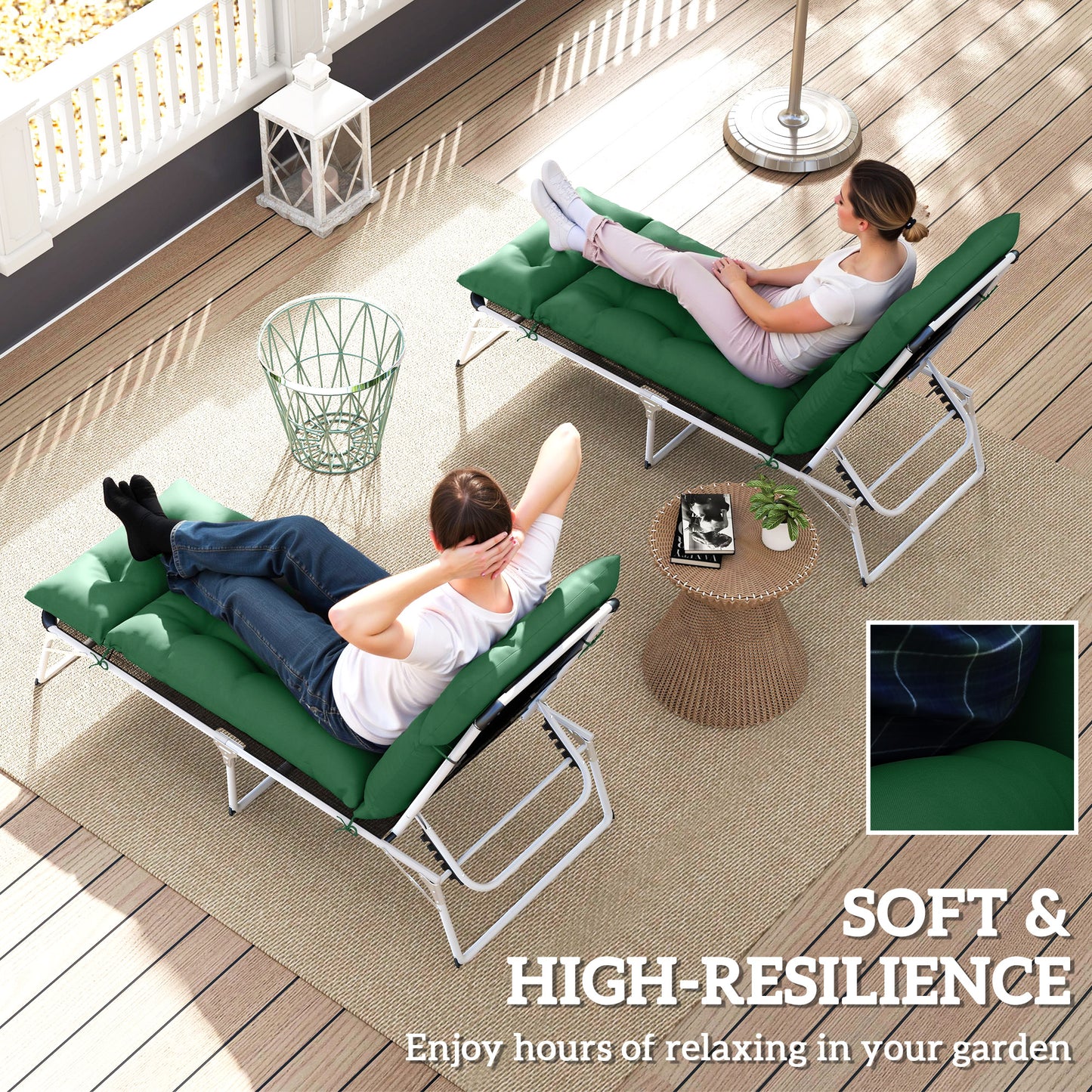 Outsunny Set Of Two 190 X 56 Cm Sun Lounger Cushions Green For Outdoor Recliners With PP Foam Fill And Polyester Covers