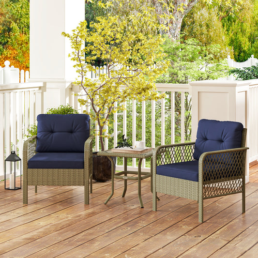 Outsunny 3 Piece Rattan Bistro Set With Glass Top Coffee Table Cushioned Chairs For Outdoor Patio Balcony Charcoal Grey