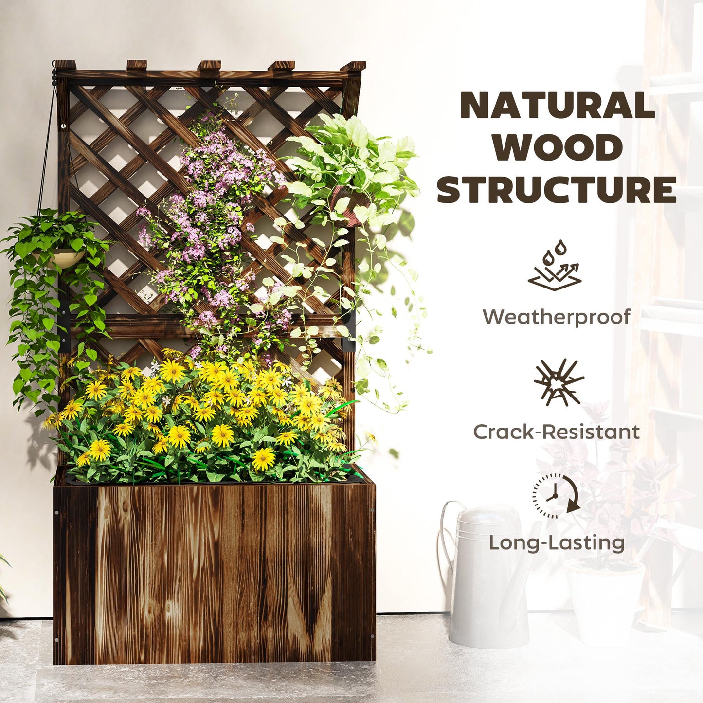 Outsunny Wooden Planter With Trellis Freestanding Raised Garden Bed Drainage Holes Liner For Vegetables And Herbs