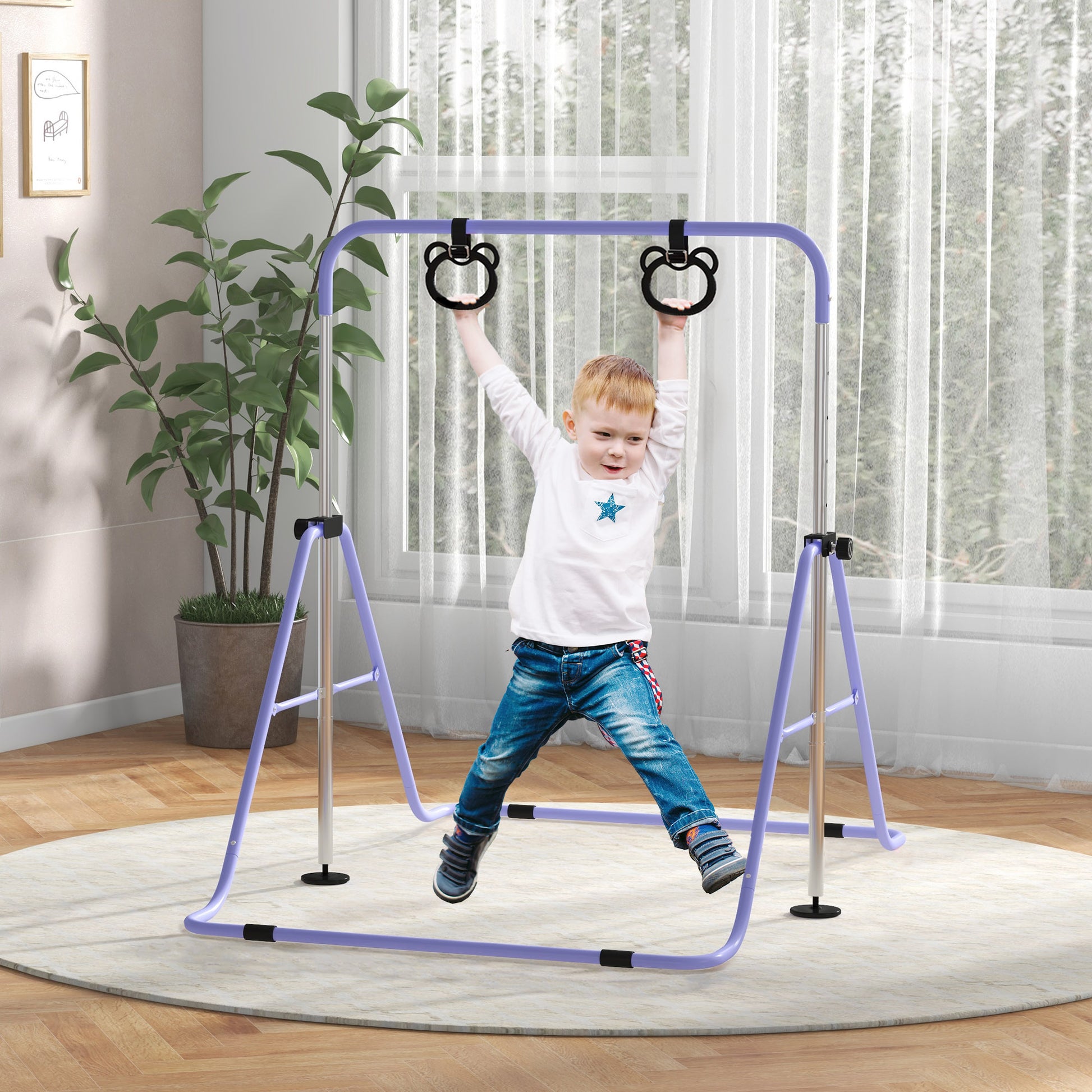 HOMCOM Height-Adjustable Foldable Gymnastics Bar for Kids 3+, Purple with Non-Slip Mats - ALL4U RETAILER LTD