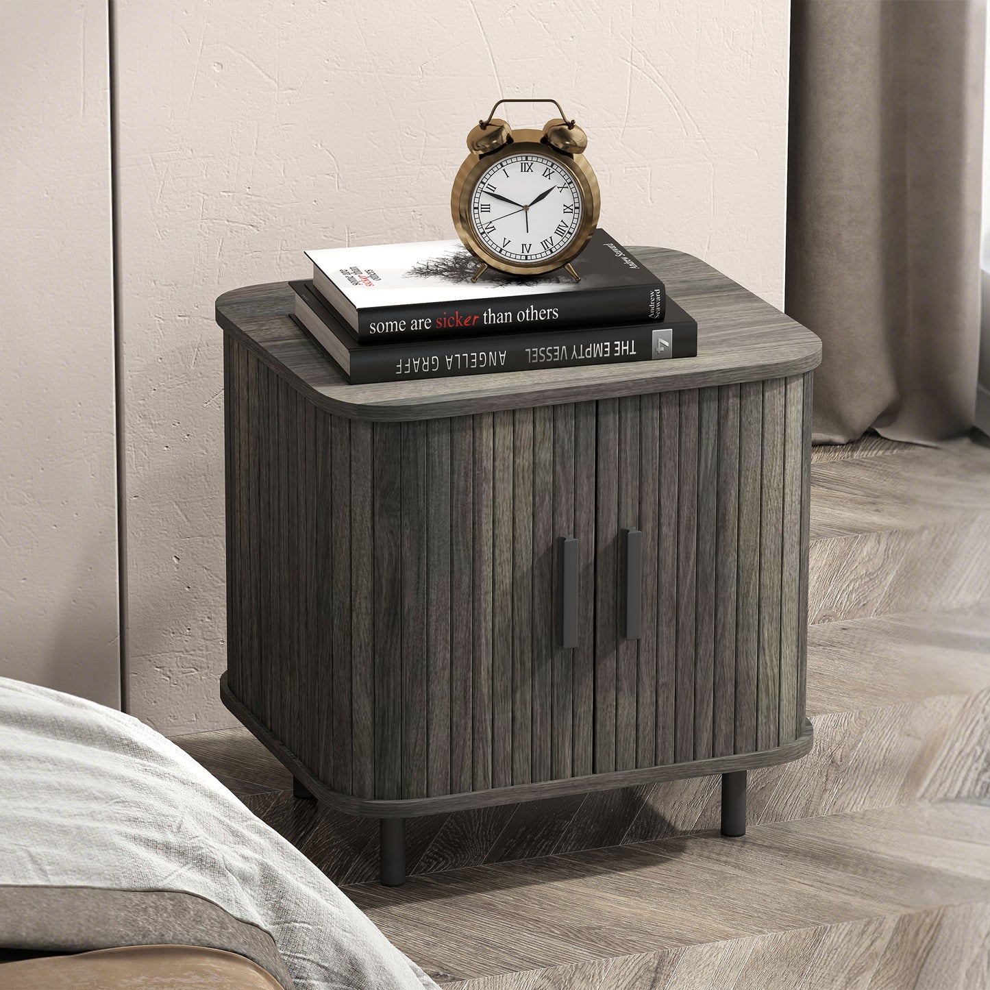 HOMCOM Nightstand With Sliding Doors And Metal Legs Grey Two Tier Bedside Table Nordic End Table