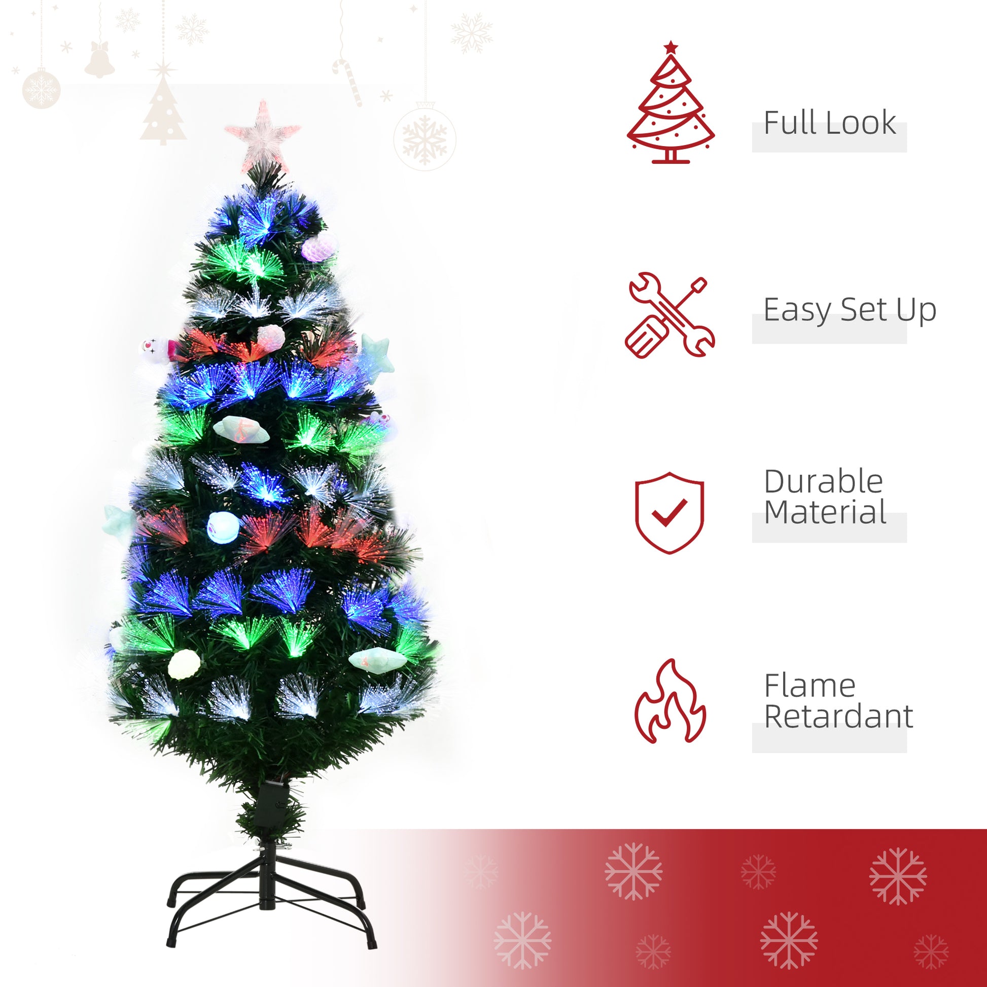 HOMCOM 4FT Pre-Lit Green Christmas Tree with LED Lights and Fibre Optic Ornaments for Holiday Decor - ALL4U RETAILER LTD