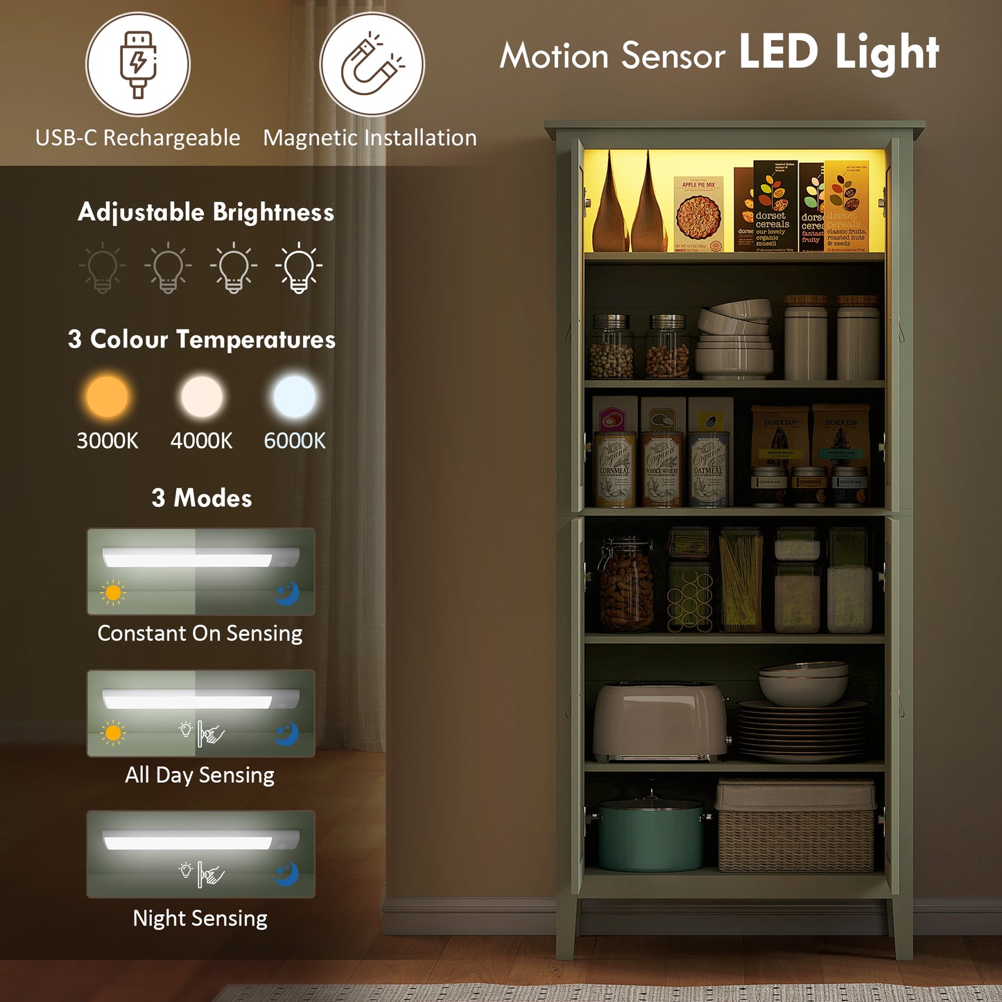 HOMCOM Tall Pantry Cupboard With Motion Sensor LED Light Green Cabinet With Adjustable Shelves And Three Colour Options