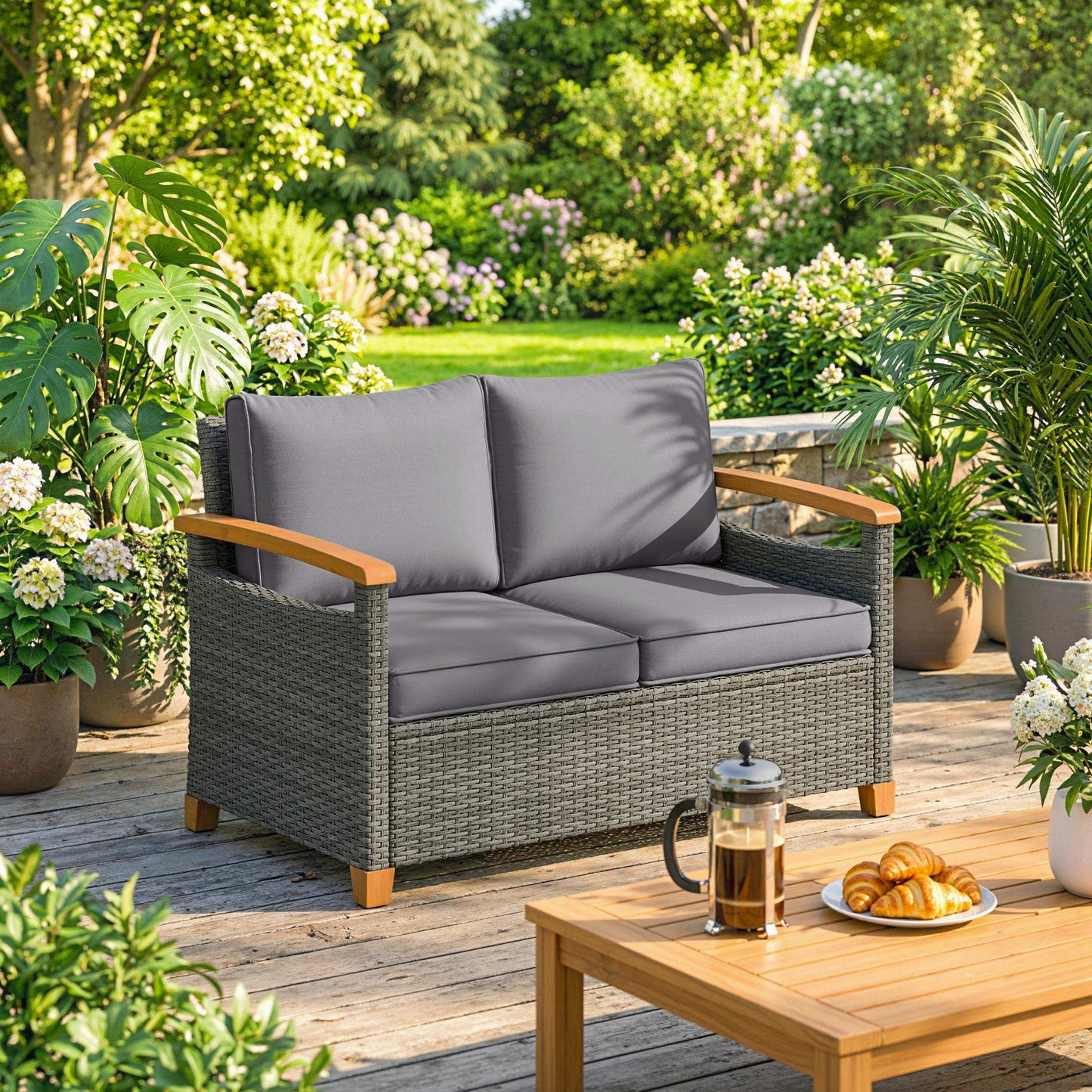 Outsunny Two Seater Rattan Garden Sofa Outdoor Sofa With Thick Cushions And Acacia Wood Armrests Dark Grey