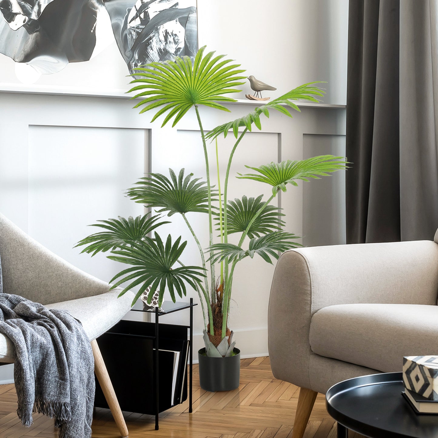 HOMCOM 145cm Artificial Palm Tree With Lifelike PEVA Leaves And Coconut Coir In Plastic Pot For Home Office Decor Green