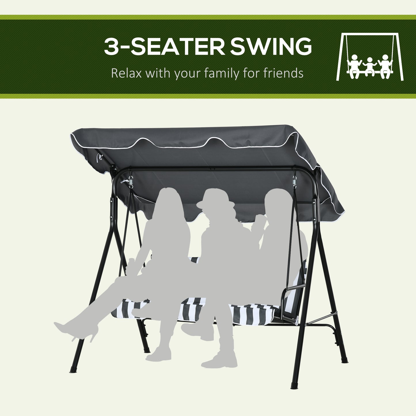 Outsunny 3 Seater Garden Swing Chair With Adjustable Canopy Metal Frame And Cushions In Grey