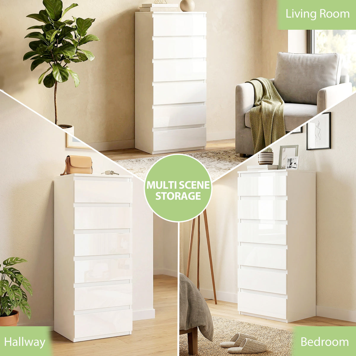 High-gloss white 6-drawer slim chest of drawers, multi-room styling with drawers