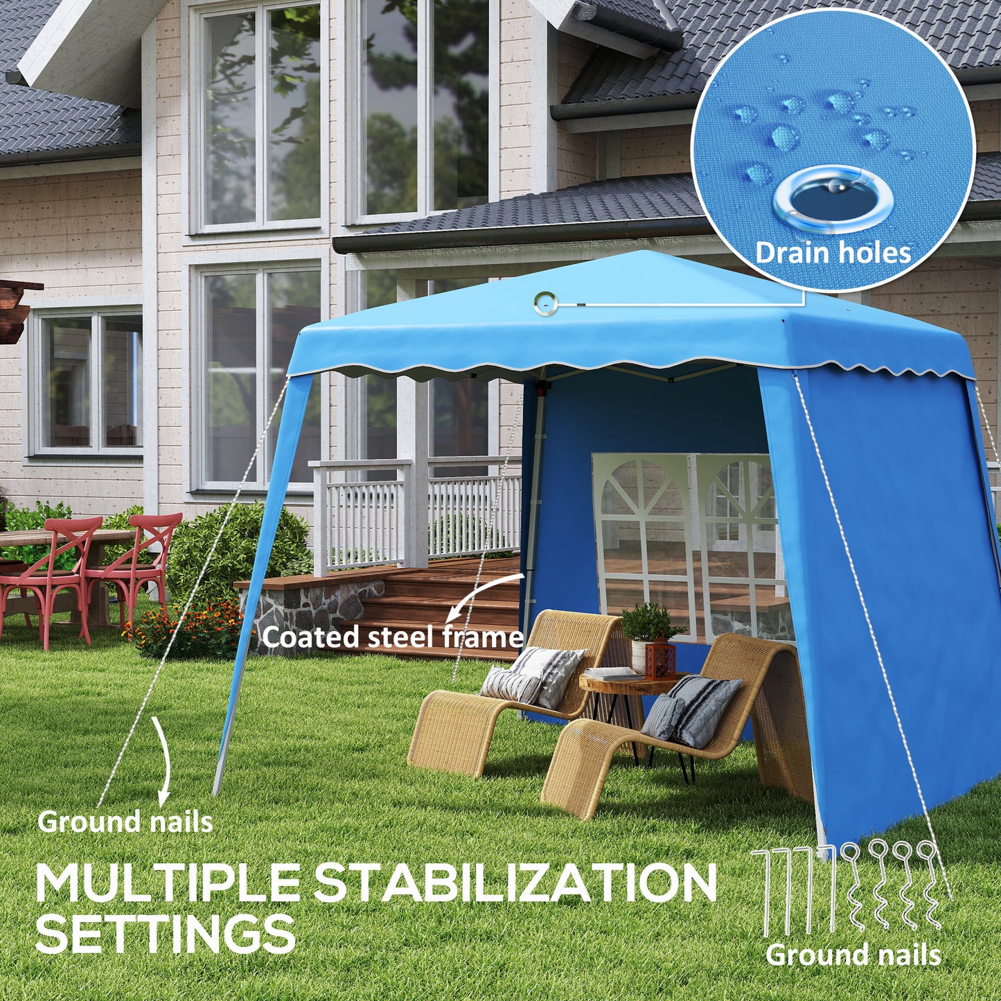 Outsunny 2.4x2.4m Blue Two Wall Pop Up Gazebo With Adjustable Height 242cm 246cm 250cm