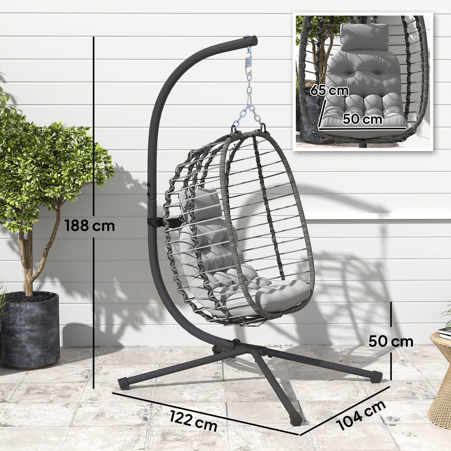 Outsunny Rattan Egg Chair With Stand Cushion Foldable Wicker Swing Adjustable Height Head Pillow Steel Frame Light Grey
