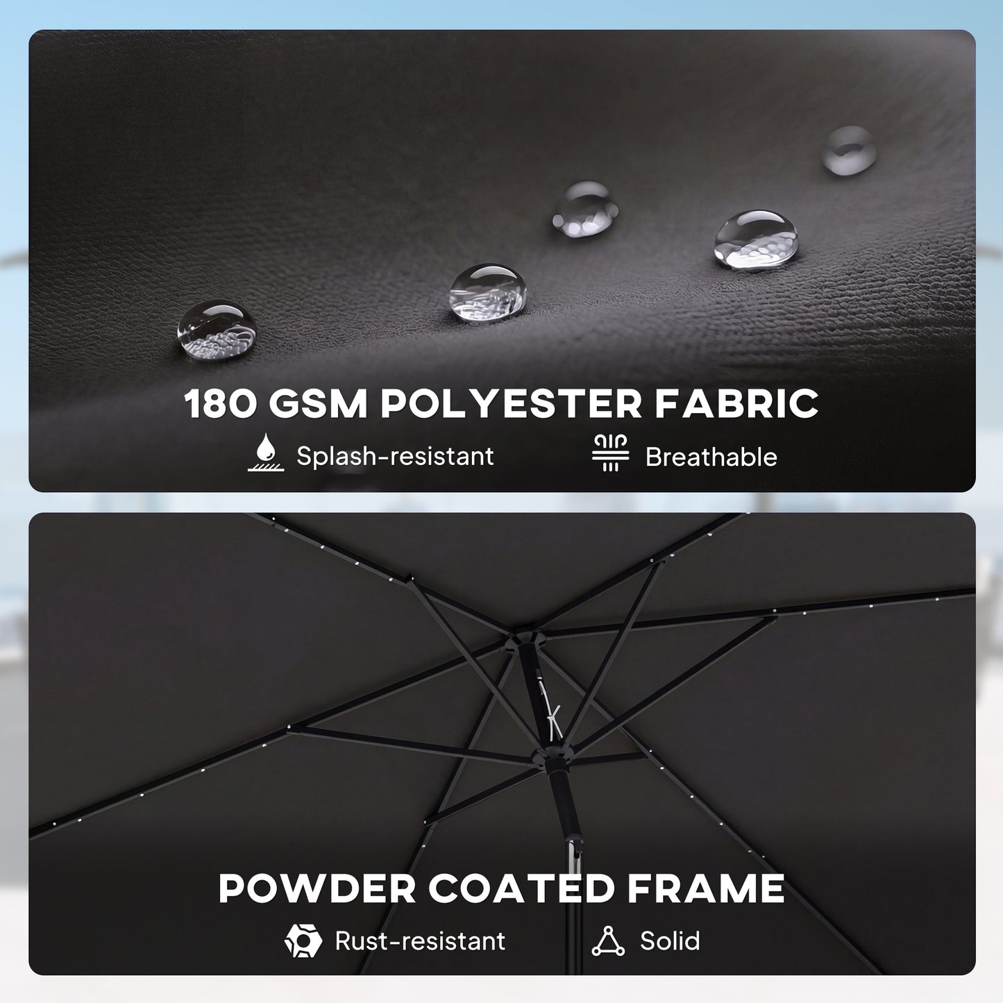 Outsunny 3 x 2 m Garden Parasol Umbrella With LED Solar Light Parasol Cover Outdoor Market Patio Umbrella Black
