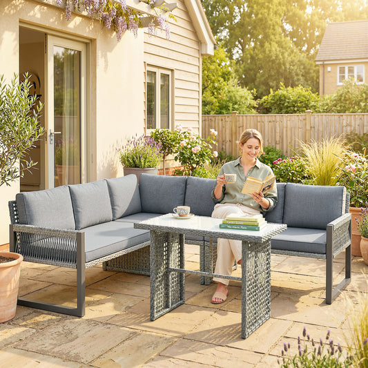 Outsunny 6 Seater Rattan Garden Furniture Corner Set With 3 Loveseats And Table Patio Grey