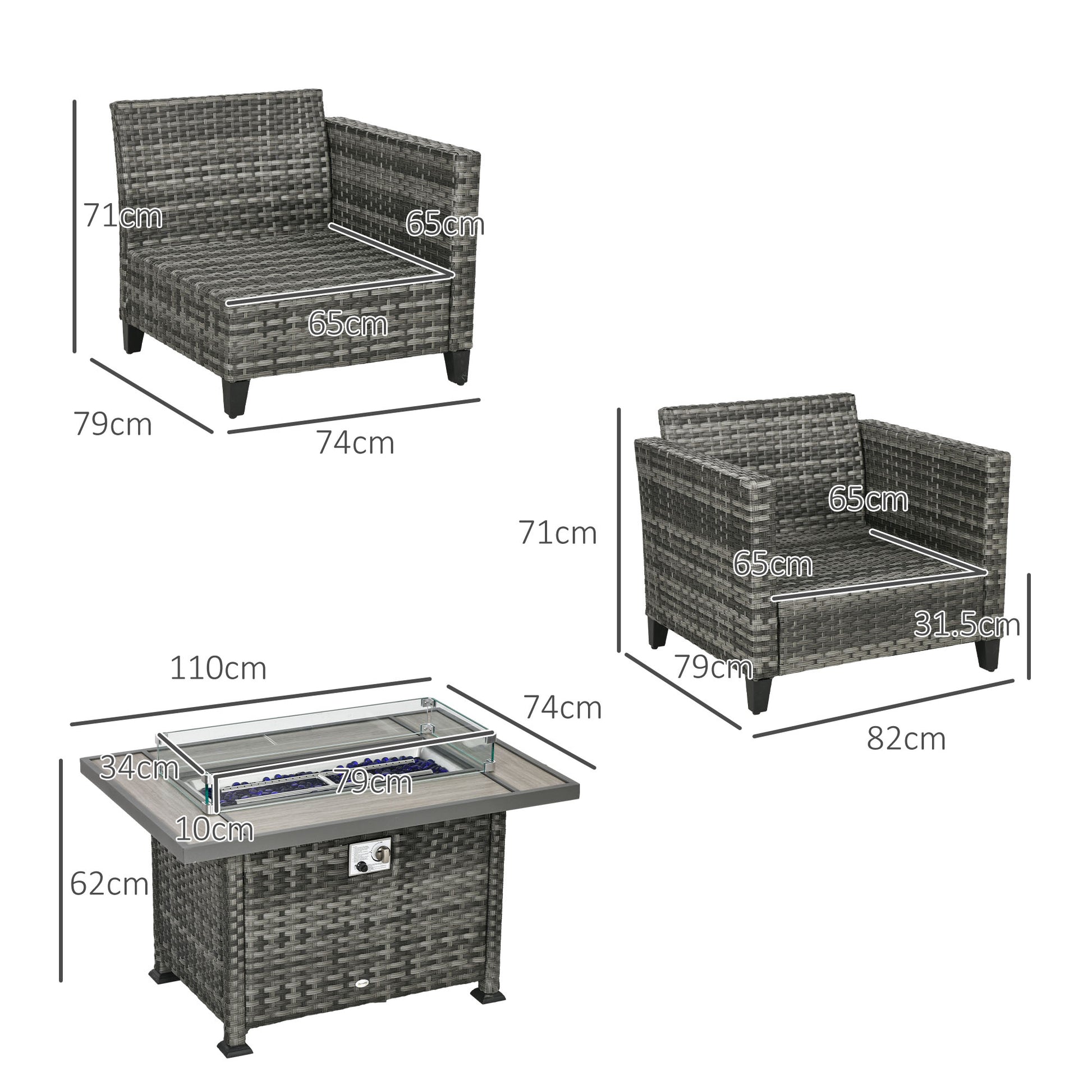 Outsunny 5-Piece Grey Rattan Patio Sofa Set with Gas Fire Pit Table and Cushions - ALL4U RETAILER LTD