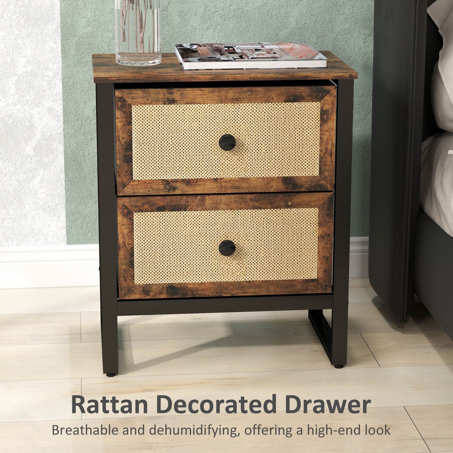 Rustic Brown HOMCOM Rattan Drawer Nightstand with Steel Legs for Bedroom and Living Room - ALL4U RETAILER LTD