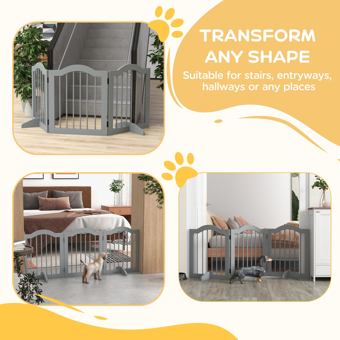 PawHut Freestanding 3-Panel Wooden Dog Gate with Support Feet - Light Grey Safety Barrier - ALL4U RETAILER LTD