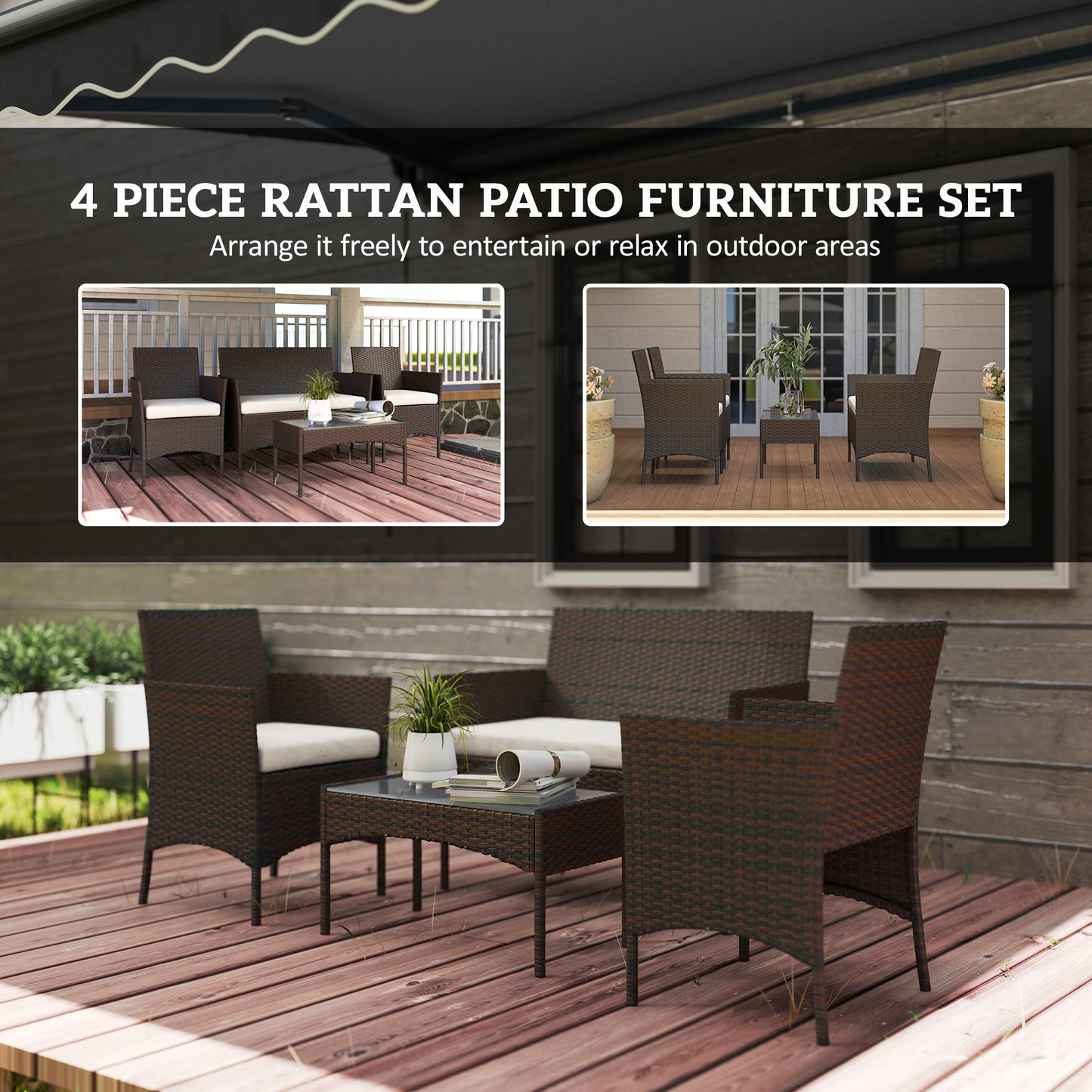 Outsunny 4 Piece Rattan Garden Furniture Set With Loveseat, Armchairs, Glass Top Coffee Table And Cushions, Brown