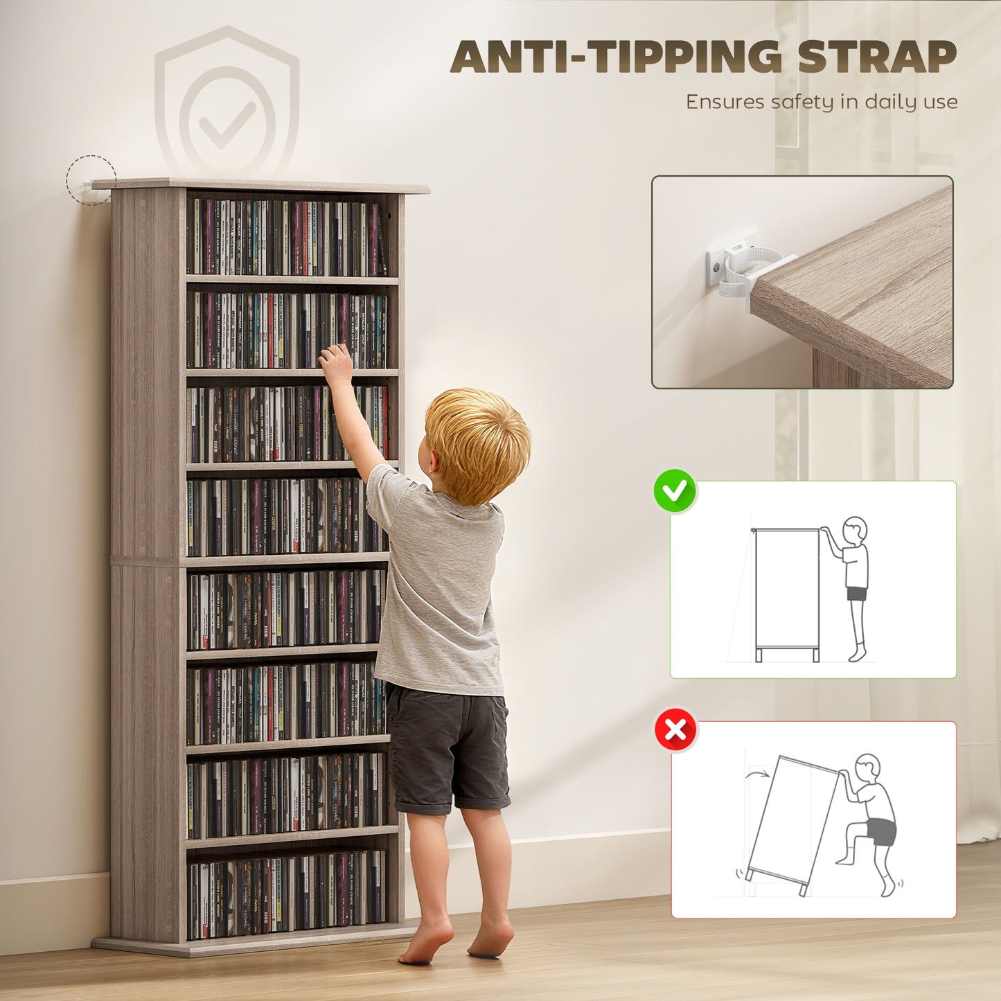 HOMCOM 360 CD DVD Storage Unit Natural Wood Finish With 8 Shelves Adjustable Shelf Space And Anti Tip Straps