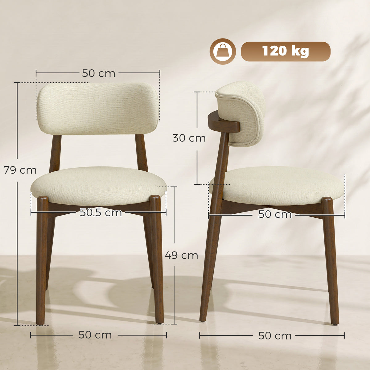 Beige chenille dining chair pair with curved back, armrests, and wooden legs