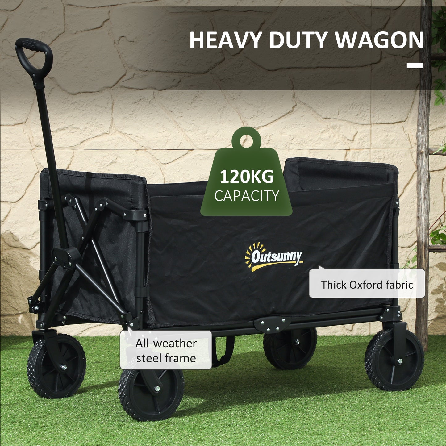 Outsunny 120L Folding Trolley On Wheels For Camping Garden Beach Fishing Black With Adjustable Handle