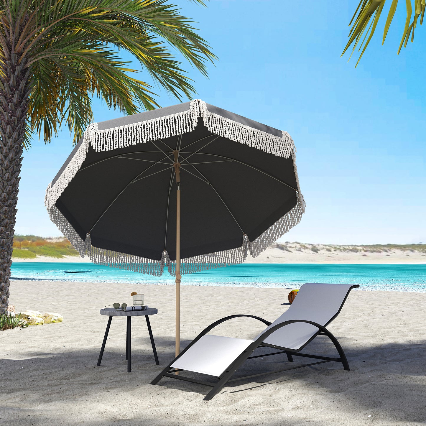 Outsunny 1.7 m Beach Umbrella With Sand Anchor And 30 Degree Tilt Adjustable Height Fringed Parasol Grey